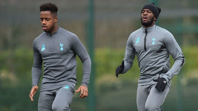 Tottenham Hotspur's English midfielder Ryan Sessegnon (L) and Tottenham Hotspur's French midfielder Tanguy Ndombele attend a team training session at Tottenham Hotspur's Enfield Training Centre, in north London on March 9, 2020, ahead of their UEFA Champions League Last 16 second-leg football match against RB Leipzig.