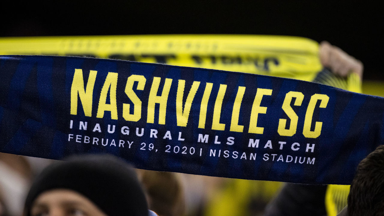 NASHVILLE, TN - FEBRUARY 29: Detail view of a Nashville SC scarf held by a fan before the match against the Atlanta United at Nissan Stadium on February 29, 2020 in Nashville, Tennessee.
