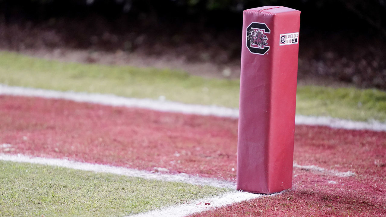 COLUMBIA, SOUTH CAROLINA - NOVEMBER 09: An end zone pylon with the South Carolina Gamecocks logo in the first half during their game against the Appalachian State Mountaineers at Williams-Brice Stadium on November 09, 2019 in Columbia, South Carolina.