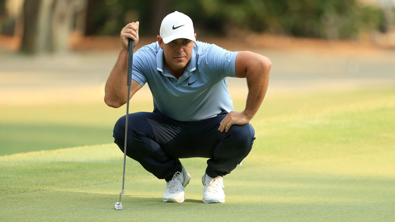 HILTON HEAD ISLAND, SOUTH CAROLINA - JUNE 21: Brooks Koepka of the United States lines up a putt on the 15th green during the final round of the RBC Heritage on June 21, 2020 at Harbour Town Golf Links in Hilton Head Island, South Carolina.