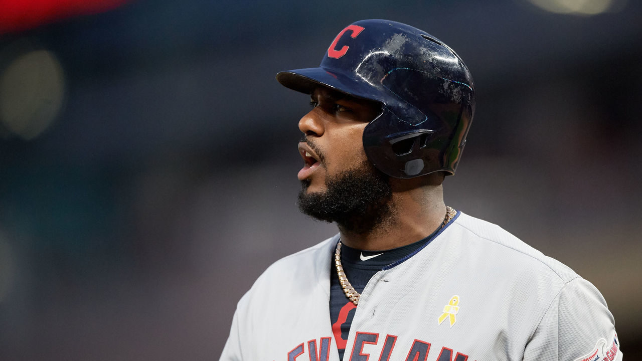 MINNEAPOLIS, MINNESOTA - SEPTEMBER 07: Franmil Reyes #32 of the Cleveland Indians reacts to an at bat against the Minnesota Twins during the game at Target Field on September 7, 2019 in Minneapolis, Minnesota. The Twins defeated the Indians 5-3.