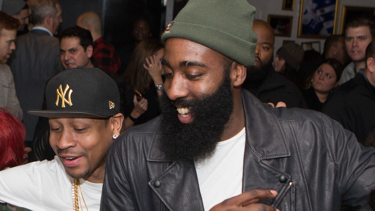 TORONTO, CANADA - FEBRUARY 11:Dwyane Wade, NBA Great Allen Iverson and James Harden share a moment during the Dwyane Wade and Stance Stocks Spades Tournament at The One Eighty on February 11, 2016 in Toronto, Canada.