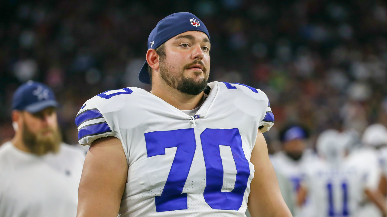 HOUSTON, TX - AUGUST 30: Dallas Cowboys offensive guard Zack Martin (70) rests at the sidelines during the football game between the Dallas Cowboys and Houston Texans on August 30, 2018 at NRG Stadium in Houston, Texas.
