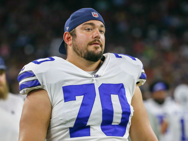 HOUSTON, TX - AUGUST 30: Dallas Cowboys offensive guard Zack Martin (70) rests at the sidelines during the football game between the Dallas Cowboys and Houston Texans on August 30, 2018 at NRG Stadium in Houston, Texas.
