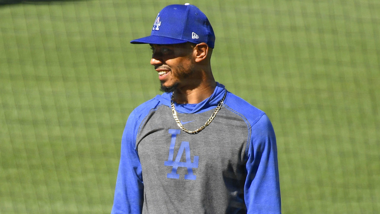 LOS ANGELES, CA - JULY 05: Los Angeles Dodgers Outfielder Mookie Betts (50) looks on during a summer workout in preparation for a shortened MLB season during the coronavirus (COVID-19) pandemic on Sunday July 5, 2020 at Dodger Stadium in Los Angeles, California.