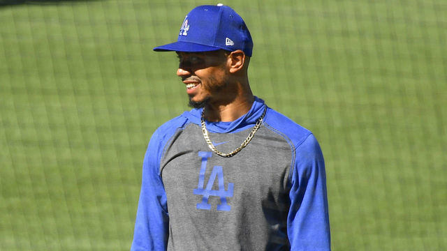 LOS ANGELES, CA - JULY 05: Los Angeles Dodgers Outfielder Mookie Betts (50) looks on during a summer workout in preparation for a shortened MLB season during the coronavirus (COVID-19) pandemic on Sunday July 5, 2020 at Dodger Stadium in Los Angeles, California.