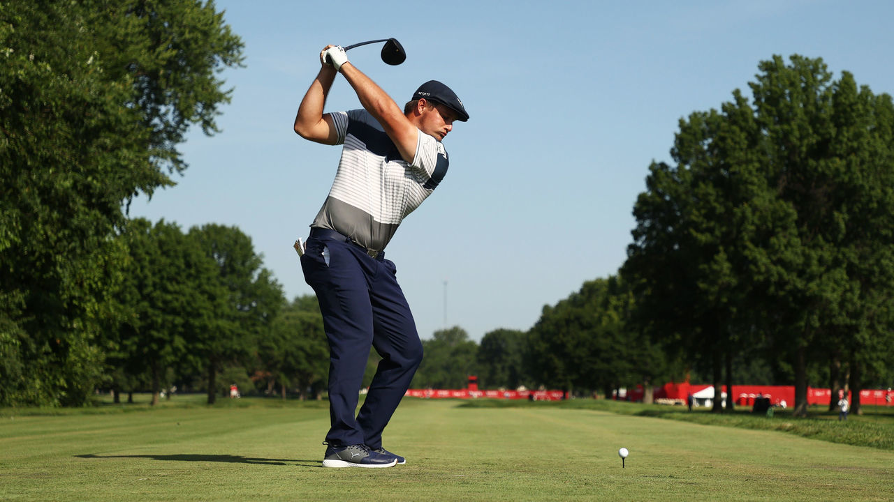 DETROIT, MICHIGAN - JULY 03: Bryson DeChambeau of the United States plays his shot from the 17th tee during the second round of the Rocket Mortgage Classic on July 03, 2020 at the Detroit Golf Club in Detroit, Michigan.