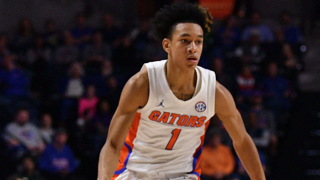 GAINESVILLE, FLORIDA - FEBRUARY 26: Tre Mann #1 of the Florida Gators in action against the LSU Tigers at Stephen C. O'Connell Center on February 26, 2020 in Gainesville, Florida.