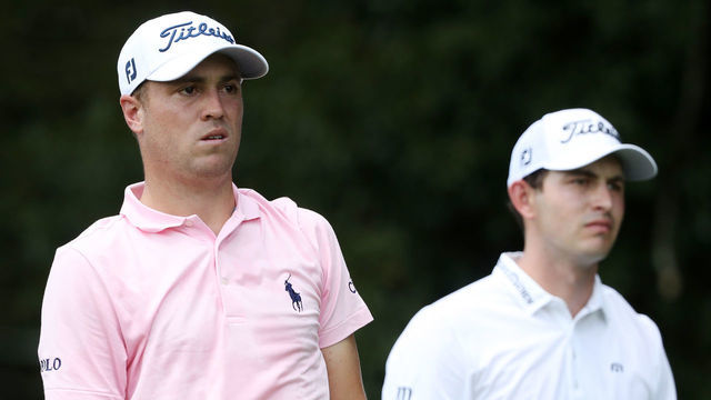 ATLANTA, GEORGIA - AUGUST 22: Justin Thomas of the United States and Patrick Cantlay of the United States look on from the second tee during the first round of the TOUR Championship at East Lake Golf Club on August 22, 2019 in Atlanta, Georgia.