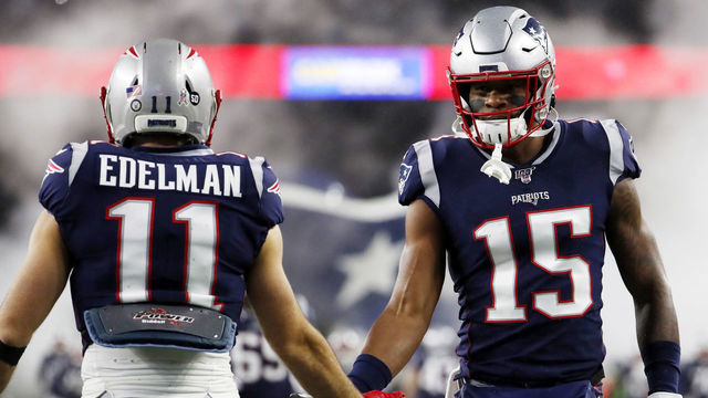 FOXBOROUGH, MA - NOVEMBER 24: New England Patriots wide receiver Julian Edelman (11) greets New England Patriots wide receiver NKeal Harry (15) before a game between the New England Patriots and the Dallas Cowboys on November 24, 2019, at Gillette Stadium in Foxborough, Massachusetts.