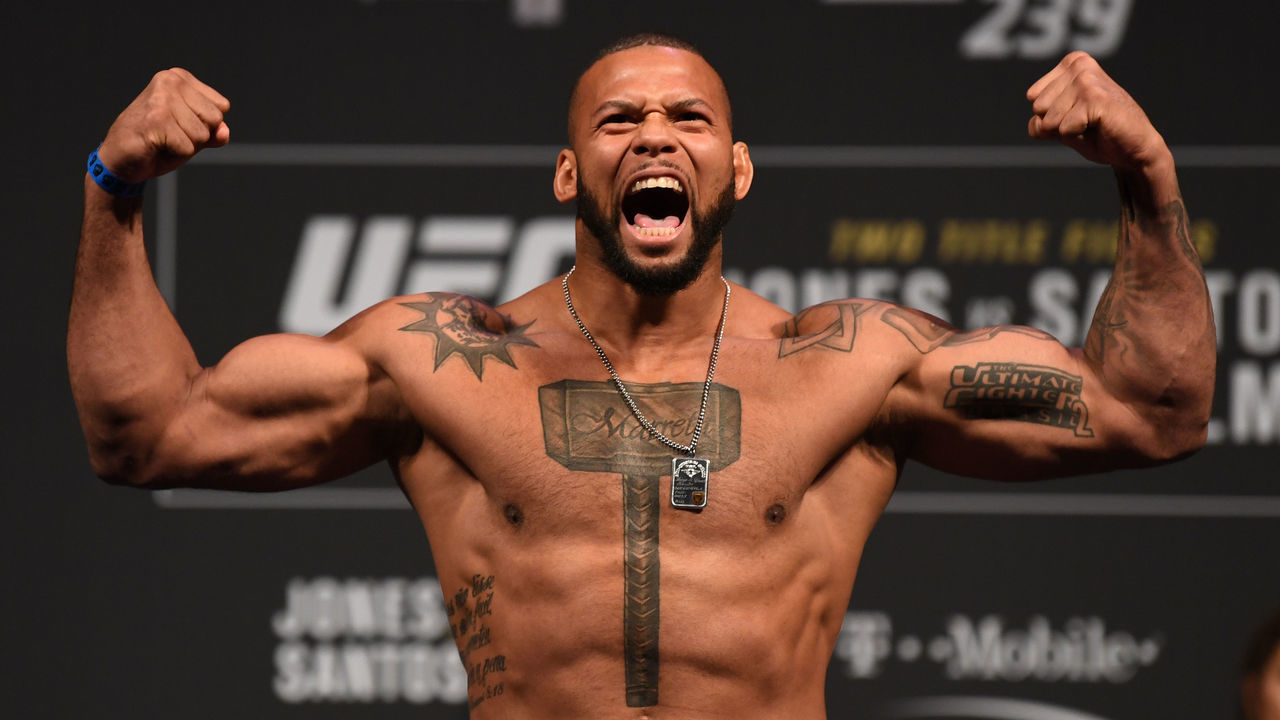 LAS VEGAS, NEVADA - JULY 05: Thiago Santos of Brazil poses on the scale during the UFC 235 weigh-in at T-Mobile Arena on July 5, 2019 in Las Vegas, Nevada.