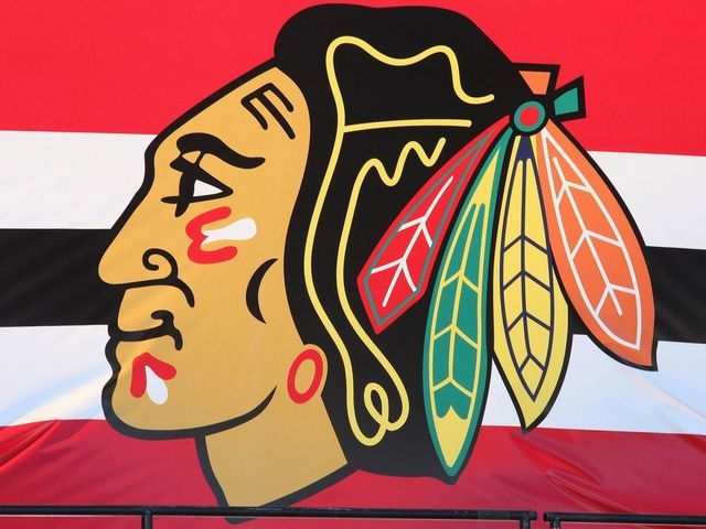 CHICAGO - JUNE 28: Chicago Blackhawks Logo, at the Chicago Blackhawks' 2013 Stanley Cup Championship rally at Hutchinson Field in Grant Park in Chicago, Illinois on JUNE 28, 2013.