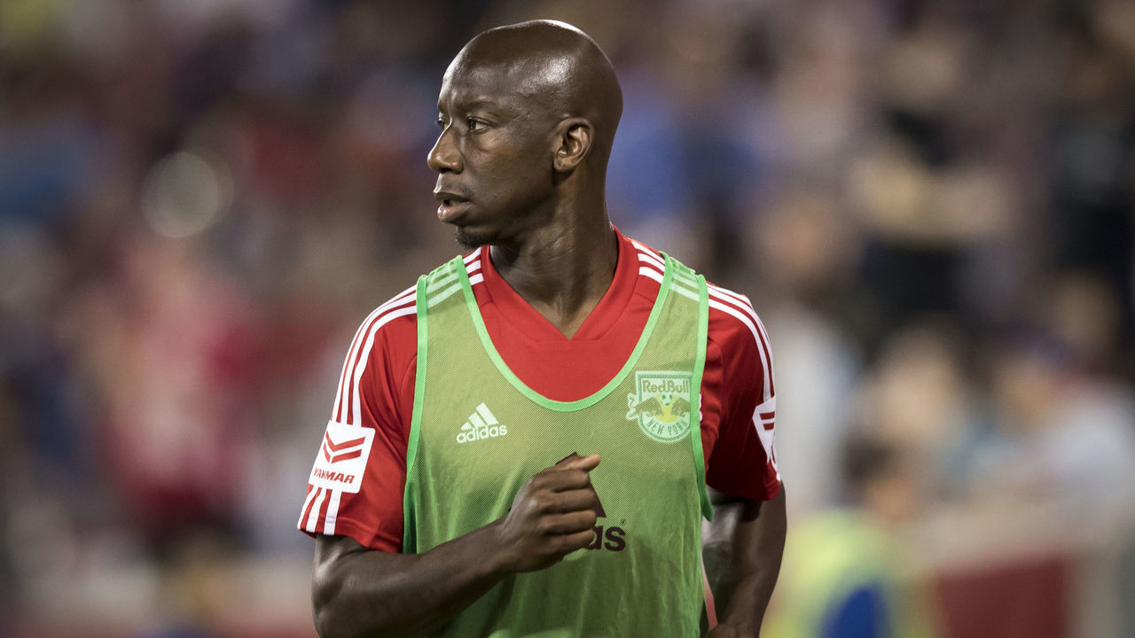 HARRISON, NJ - JUNE 28: Bradley Wright-Phillips #99 of New York Red Bulls warms up to be substituted in during the 2nd half of MLS match between Chicago Fire and New York Red Bulls at Red Bull Arena on June 28 2019 in Harrison, NJ, USA. This was a special Pride Night Match presented by Bayer. The Red Bulls won the match with a score of 3 to 1.