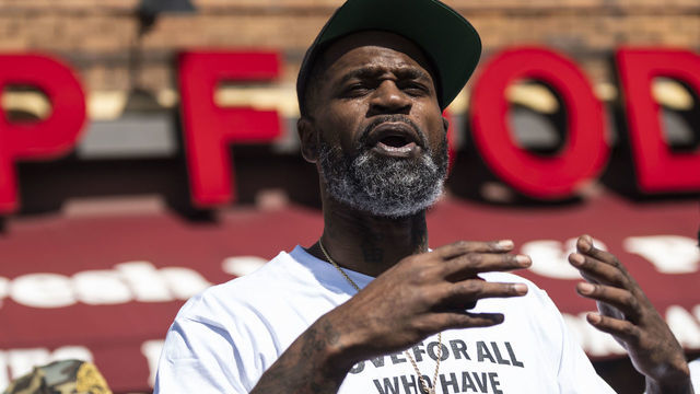 MINNEAPOLIS, MN - JUNE 3: Former NBA player Stephen Jackson, a friend of George Floyd's, speaks at a memorial on June 3, 2020 in Minneapolis, Minnesota. Jackson has joined other friends and family of George Floyd in calling for the prosecution of all four officers involved in his killing. Former police officer Derek Chauvin has been charged with second-degree murder and the three other officers who participated in the arrest have been charged with aiding and abetting second-degree murder. Floyd's death, the most recent in a series of deaths of African Americans at the hands of police, has set off protests across the country.