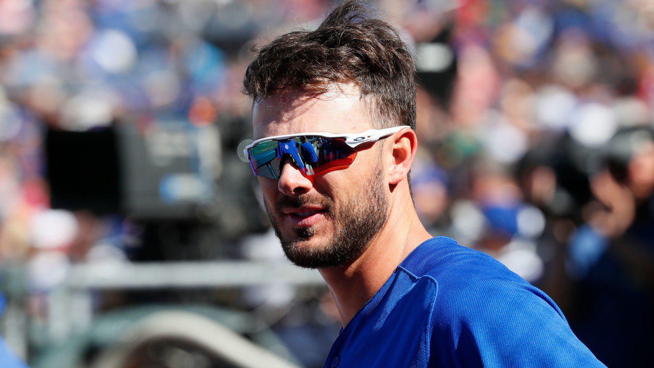 LAS VEGAS, NV - MARCH 08: Kris Bryant (17) of the Chicago Cubs looks on from the dugout during Big League Weekend featuring the Chicago Cubs and Cincinnati Reds on March 8, 2020 at Las Vegas Ballpark in Las Vegas, Nevada.