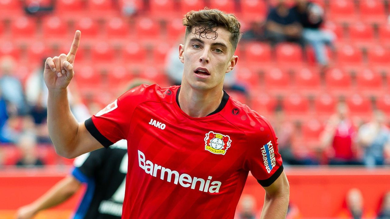 LEVERKUSEN, GERMANY - AUGUST 17: Kai Havertz of Bayer 04 Leverkusen celebrates after scoring his team's second goal during the Bundesliga match between Bayer 04 Leverkusen and SC Paderborn 07 at BayArena on August 17, 2019 in Leverkusen, Germany.
