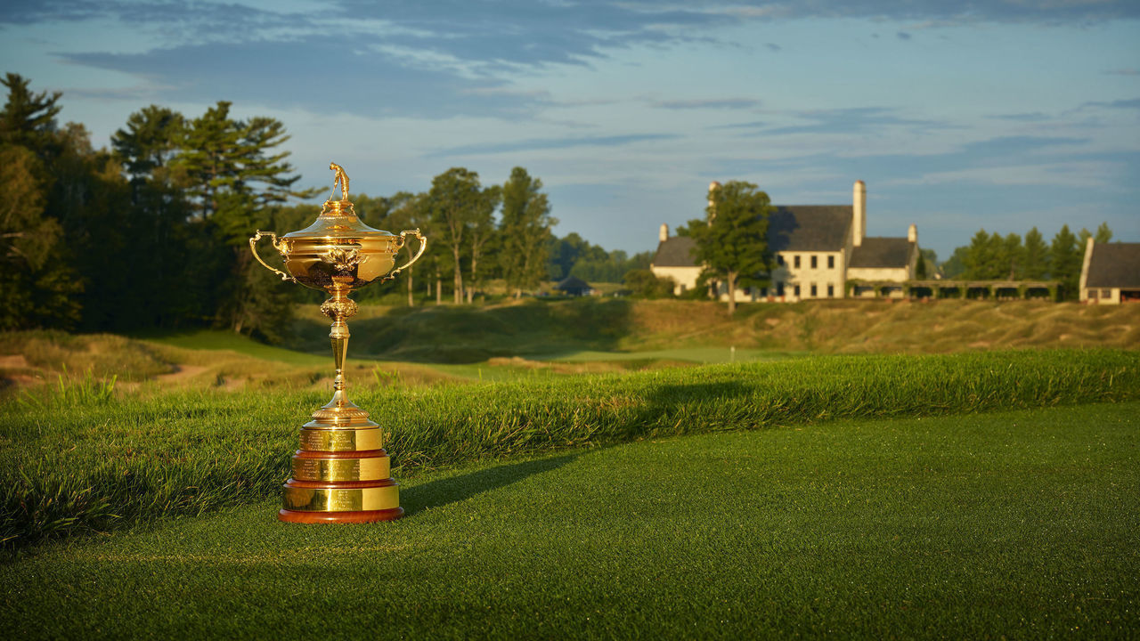 SHEBOYGAN, WISCONSIN - OCTOBER 15: A view of the Ryder Cup Trophy at Whistling Straits Golf Course on October 15, 2018 in Sheboygan, Wisconsin.