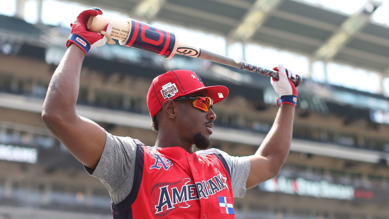 CLEVELAND, OH - JULY 07: Jorge Mateo #14 of the American League Futures Team looks on during batting practice prior to the SiriusXM All-Star Futures Game at Progressive Field on Sunday, July 7, 2019 in Cleveland, Ohio.