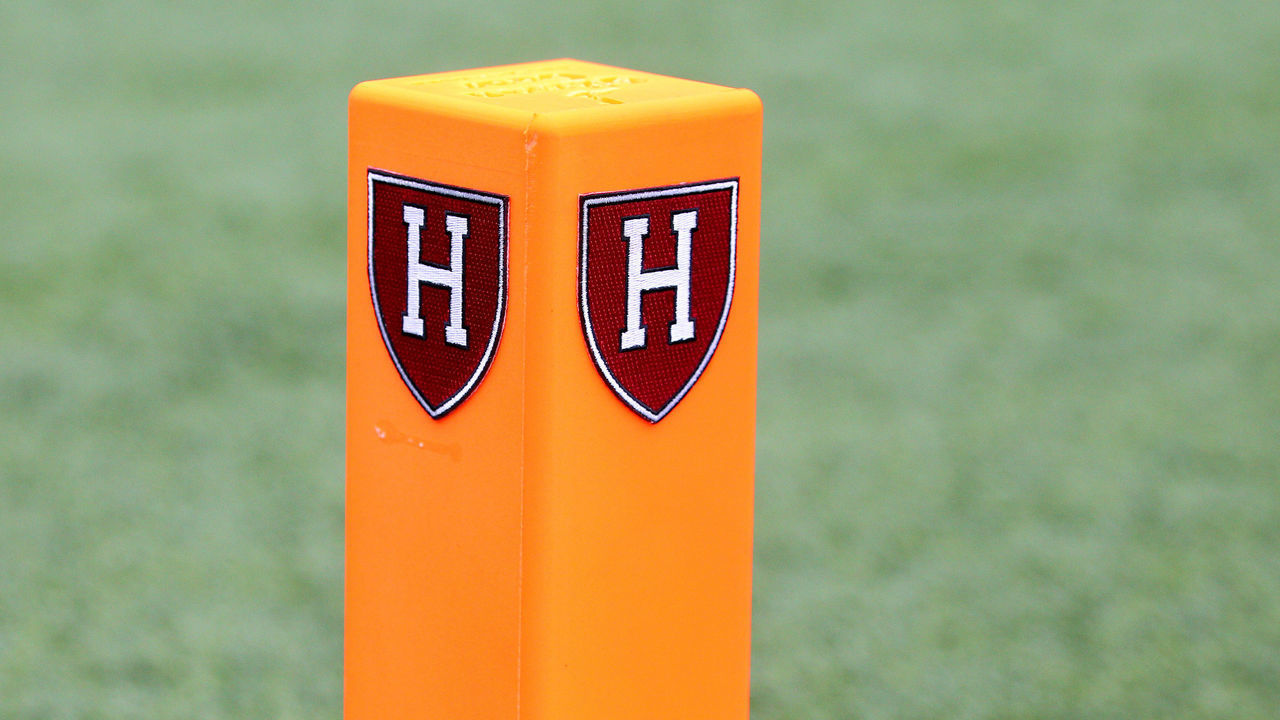 BOSTON, MA - SEPTEMBER 15: A general view of the Harvard Crimson logo on the pylon prior to the college football game between San Diego Toreros and Harvard Crimson on September 15, 2018, at Harvard Stadium in Boston, MA. Harvard defeated San Diego 36-14.