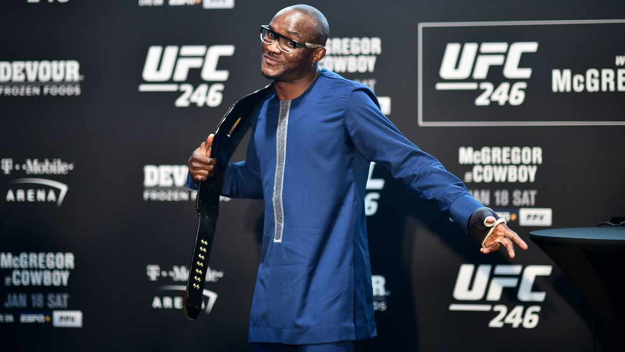 LAS VEGAS, NV - JANUARY 16: UFC welterweight champion Kamaru Usman interacts with the media during the UFC 246 Ultimate Media Day at UFC APEX on January 16, 2020 in Las Vegas, Nevada.