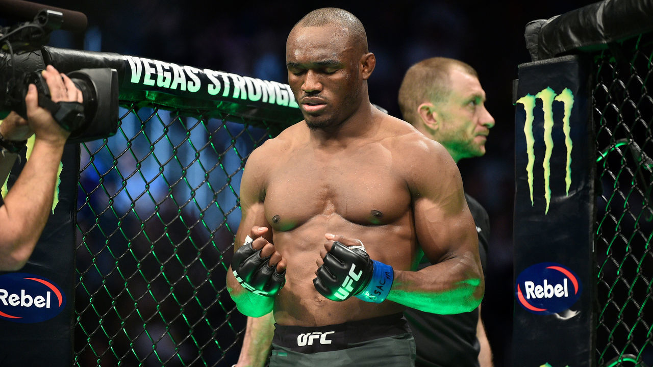 LAS VEGAS, NEVADA - MARCH 02: Kamaru Usman of Nigeria enters the Octagon prior to his welterweight championship bout against Tyron Woodley during the UFC 235 event at T-Mobile Arena on March 2, 2019 in Las Vegas, Nevada.