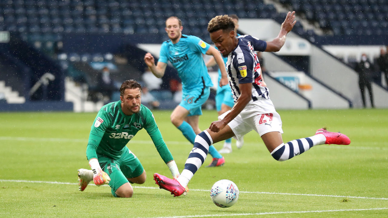 WEST BROMWICH, ENGLAND - JULY 08: Grady Diangana of West Bromwich Albion scores a goal to make it 1-0 during the Sky Bet Championship match between West Bromwich Albion and Derby County at The Hawthorns on July 8, 2020 in West Bromwich, England. Football Stadiums around Europe remain empty due to the Coronavirus Pandemic as Government social distancing laws prohibit fans inside venues resulting in all fixtures being played behind closed doors.
