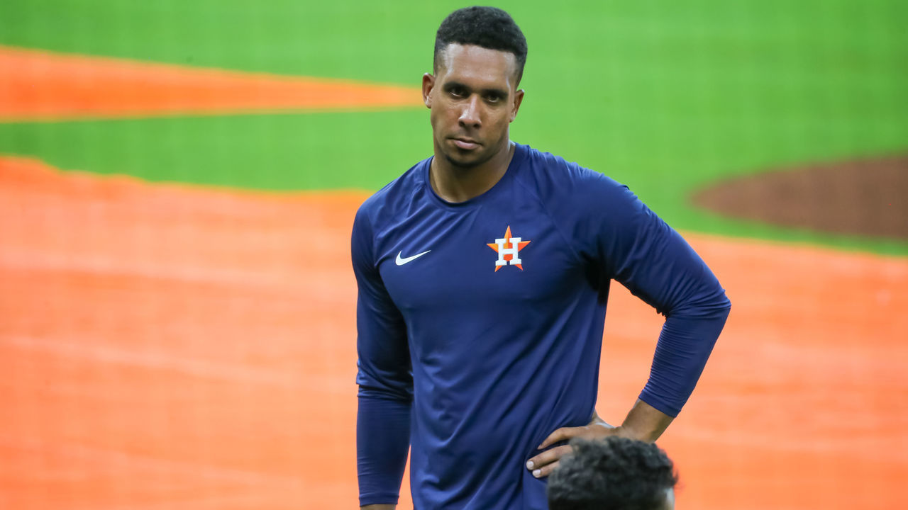 HOUSTON, TX - JULY 07: Houston Astros left fielder Michael Brantley (23) relaxes between warmups during the Houston Astros summer camp workout in preparation for the 2020 season due to the Coronavirus Pandemic on July 7, 2020 at Minute Maid Park In Houston, TX.