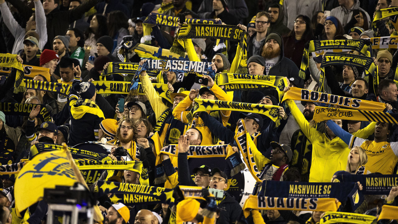 NASHVILLE, TN - FEBRUARY 29: Nashville SC fans cheer before the game against Atlanta United at Nissan Stadium on February 29, 2020 in Nashville, Tennessee.