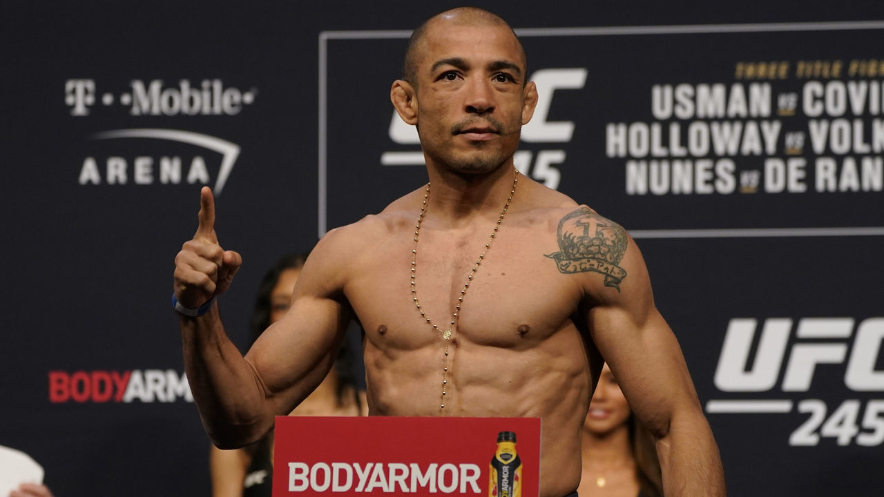 LAS VEGAS, NEVADA - DECEMBER 13: Jose Aldo of Brazil poses on the scale during the UFC 245 weigh-ins at T-Mobile Arena on December 13, 2019 in Las Vegas, Nevada.