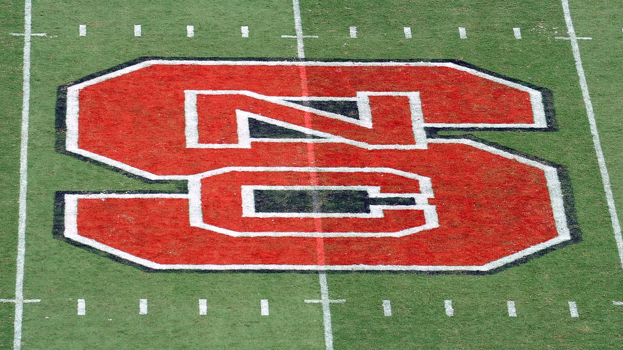 RALEIGH, NC - AUGUST 30: A view of the North Carolina State Wolfpack logo during a game against the Georgia Southern Eagles at Carter-Finley Stadium on August 30, 2014 in Raleigh, North Carolina. NC State defeated Georgia Southern 24-23.