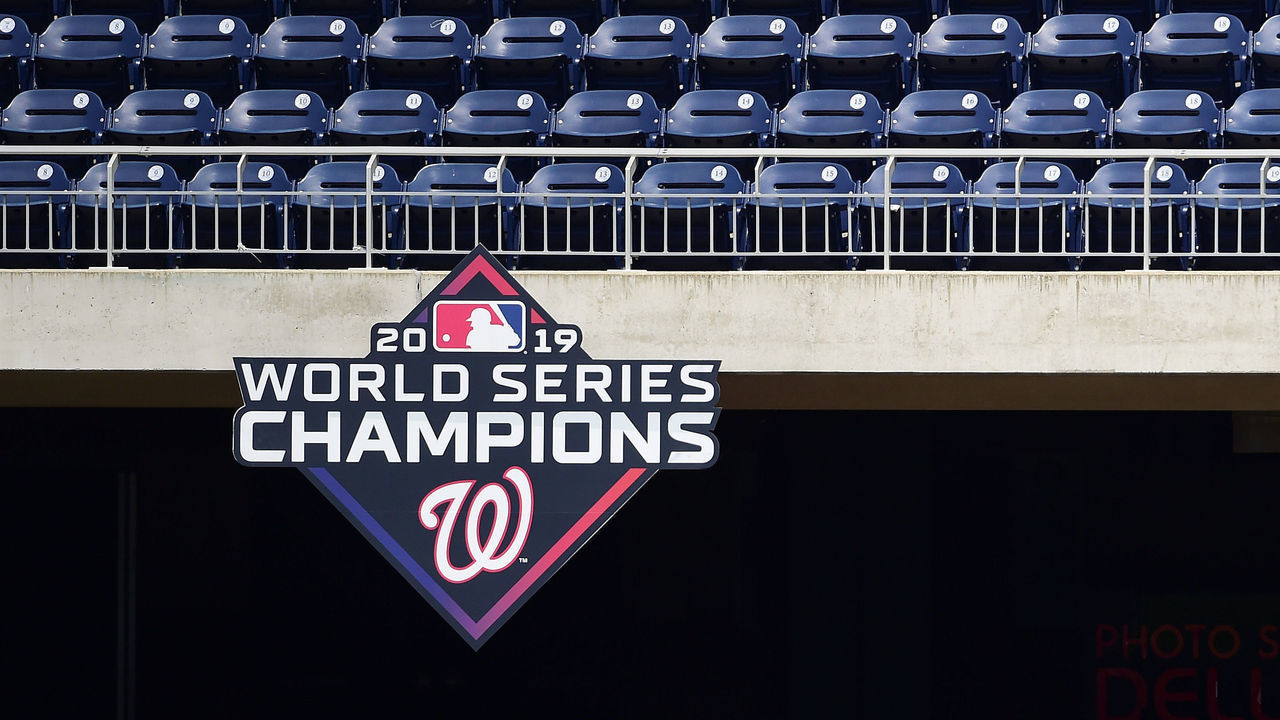 WASHINGTON, DC - JULY 03: A general view of empty seats with the 2019 Washington Natinoals World Series Champions logo during the Washington Nationals Summer Workouts at Nationals Park on July 03, 2020 in Washington, DC.