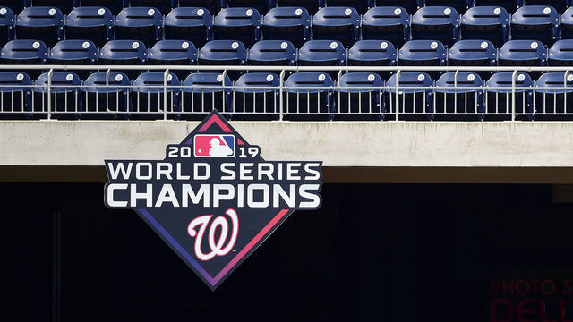 WASHINGTON, DC - JULY 03: A general view of empty seats with the 2019 Washington Natinoals World Series Champions logo during the Washington Nationals Summer Workouts at Nationals Park on July 03, 2020 in Washington, DC.