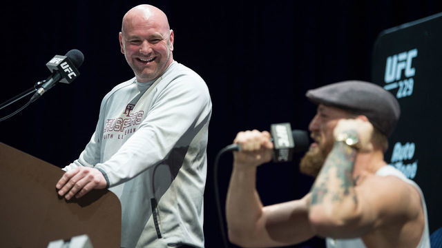 LAS VEGAS, NEVADA - OCTOBER 04: Dana White looks on as Conor McGregor of Ireland speaks during the UFC 229 Press Conference inside The Park Theater at Park MGM on October 4, 2018 in Las Vegas, Nevada.