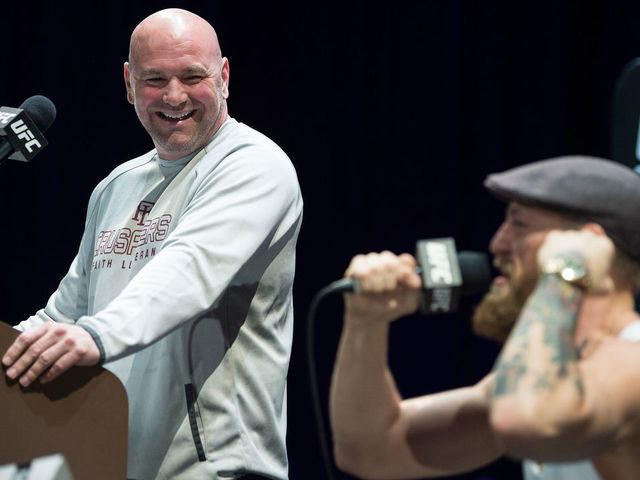 LAS VEGAS, NEVADA - OCTOBER 04: Dana White looks on as Conor McGregor of Ireland speaks during the UFC 229 Press Conference inside The Park Theater at Park MGM on October 4, 2018 in Las Vegas, Nevada.