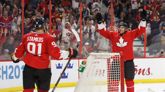 OTTAWA, ON - SEPT 10: John Tavares #20 of Team Canada celebrates a third period goal against Team USA with Steven Stamkos #91 during a World Cup of Hockey 2016 Pre-Tournament game at Canadian Tire Centre on September 10, 2016 in Ottawa, Ontario, Canada.