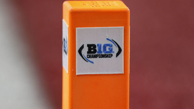INDIANAPOLIS, IN - DECEMBER 07: The B1G Championship Logo on the goal line pylon during the Big 10 Conference Championship game between the Wisconsin Badgers and Ohio State Buckeyes on December 7, 2019, at Lucas Oil Stadium in Indianapolis, IN.