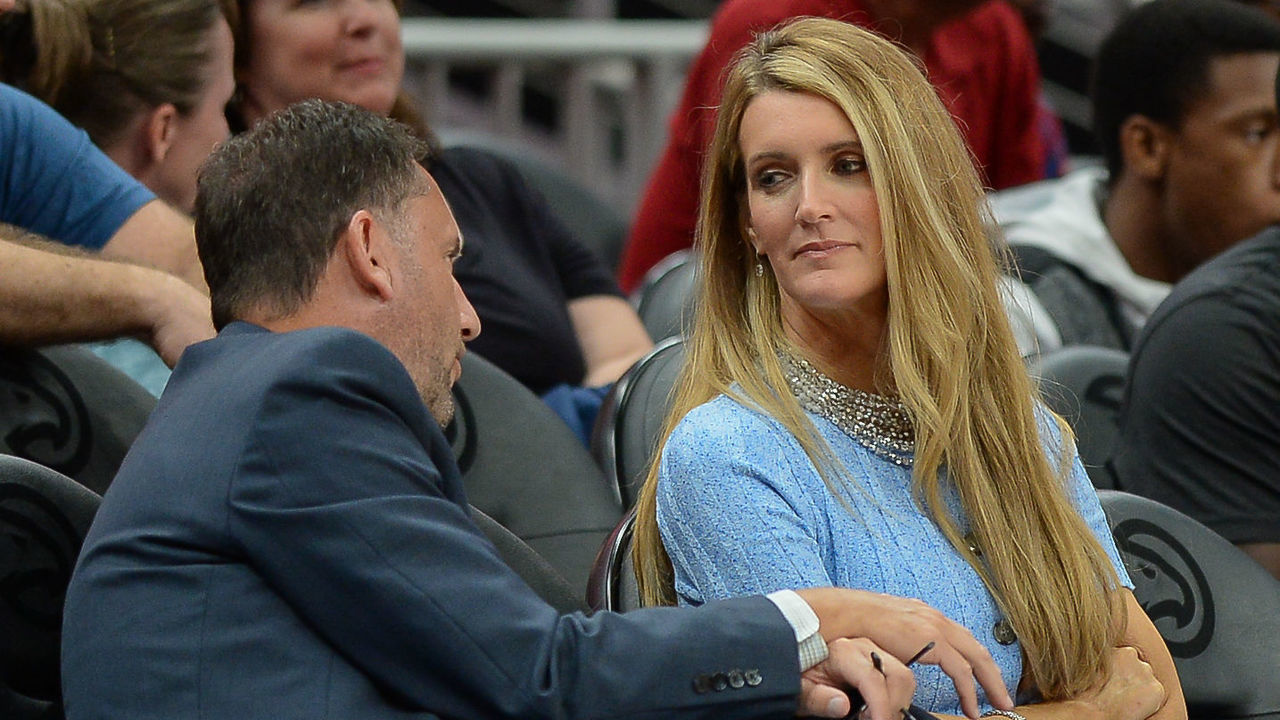 ATLANTA, GA SEPTEMBER 05: Atlanta owner Kelly Loeffler (right) talks with Dream General Manager Chris Sienko (left) during the WNBA game between the Las Vegas Aces and the Atlanta Dream on September 5th, 2019 at State Farm Arena in Atlanta, GA.