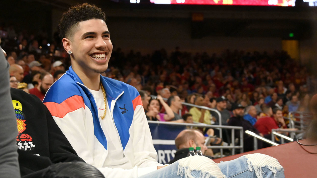 LOS ANGELES, CA - MARCH 07: Professional basketball player LaMelo Ball, right, attends the game between the USC Trojans and the UCLA Bruins at Galen Center on March 7, 2020 in Los Angeles, California.