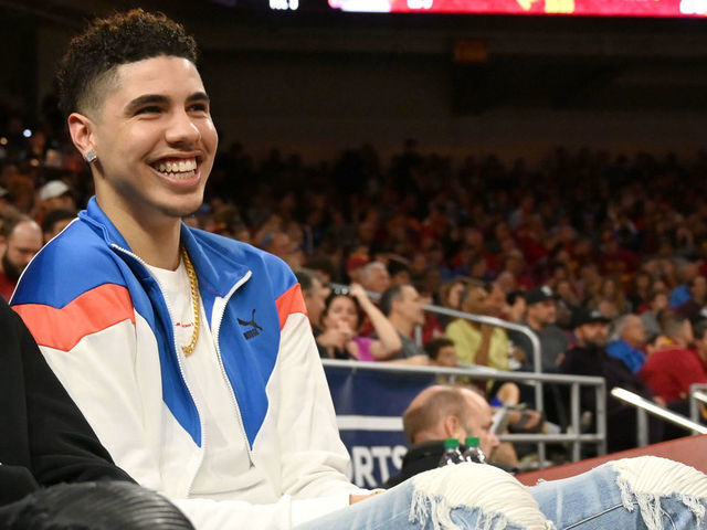 LOS ANGELES, CA - MARCH 07: Professional basketball player LaMelo Ball, right, attends the game between the USC Trojans and the UCLA Bruins at Galen Center on March 7, 2020 in Los Angeles, California.
