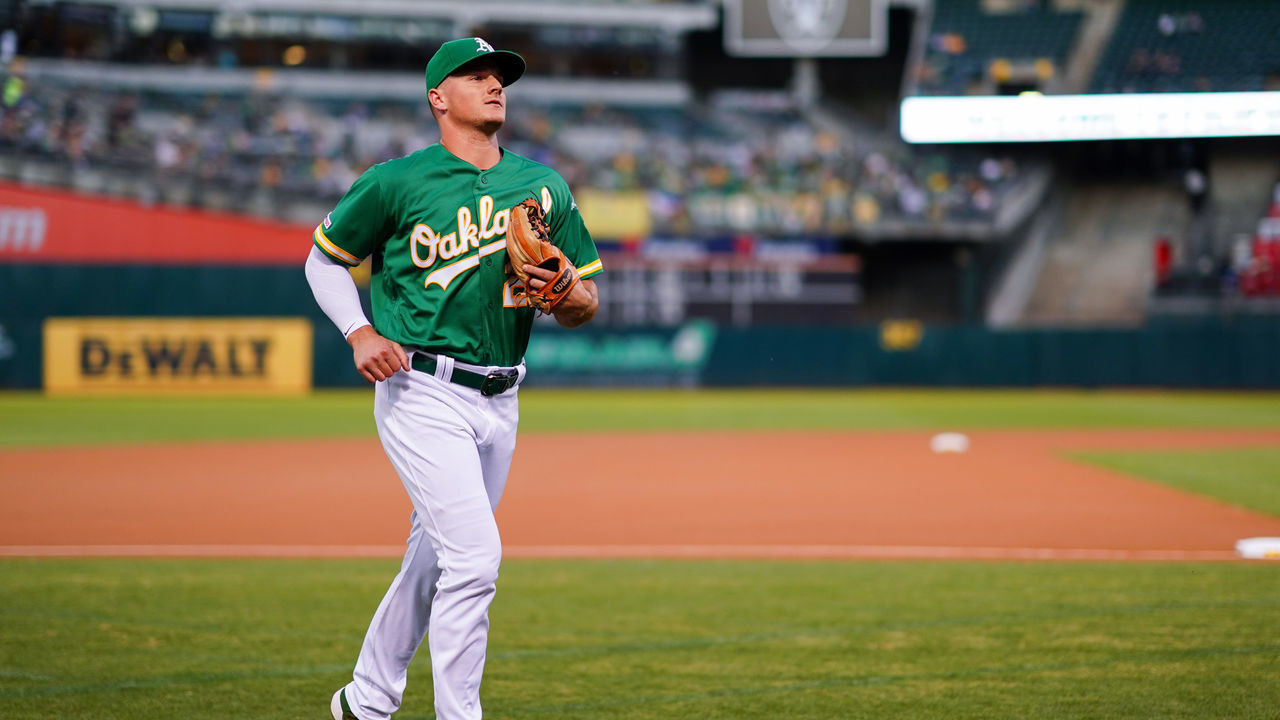 OAKLAND, CALIFORNIA - SEPTEMBER 20: Matt Chapman #26 of the Oakland Athletics runs on the field prior to the game against the Texas Rangers at Ring Central Coliseum on September 20, 2019 in Oakland, California.