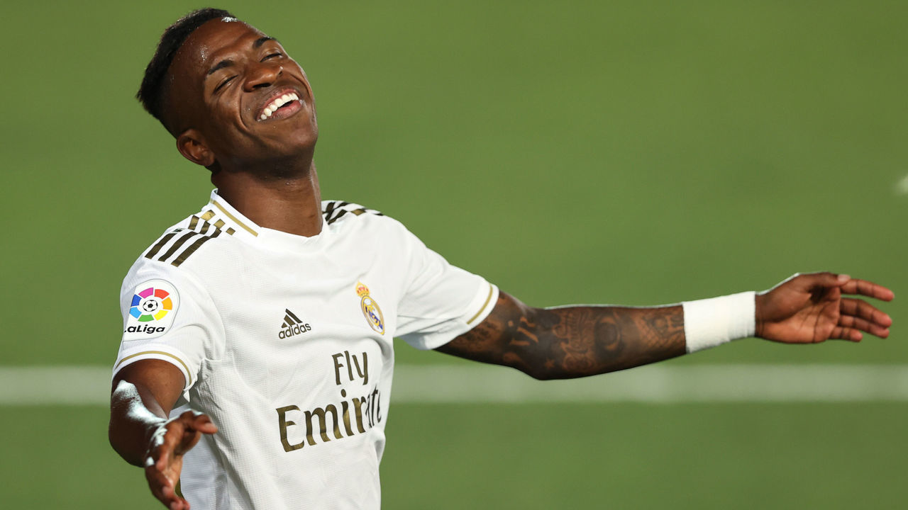 MADRID, SPAIN - JULY 02: Vinicius Jr of Real Madrid reacts during the Liga match between Real Madrid CF and Getafe CF at Estadio Alfredo Di Stefano on July 02, 2020 in Madrid, Spain.