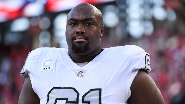 SAN FRANCISCO, CA - NOVEMBER 01: Oakland Raiders Center Rodney Hudson (61) during the NFL football game between the Oakland Raiders and the San Francisco 49ers on November 1, 2018, at Levi's Stadium in Santa Clara, CA.