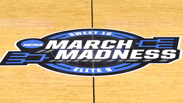 WASHINGTON, DC - MARCH 29: NCAA March Madness logo on the floor before the East Regional game of the 2019 NCAA Men's Basketball Tournament between the LSU Tigers and the Michigan State Spartans at Capital One Arena on March 29, 2019 in Washington, DC.