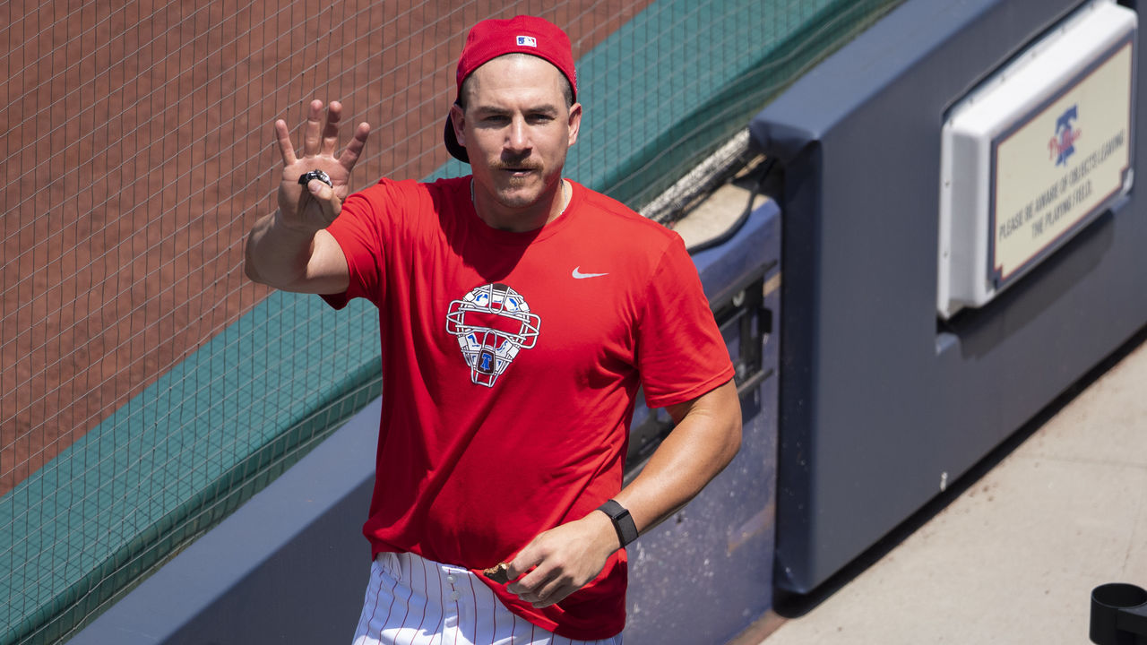 PHILADELPHIA, PA - JULY 03: J.T. Realmuto #10 of the Philadelphia Phillies waves during summer workouts at Citizens Bank Park on July 3, 2020 in Philadelphia, Pennsylvania.