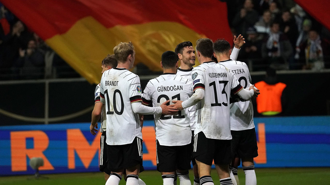 FRANKFURT AM MAIN, GERMANY - NOVEMBER 19: Leon Goretzka of Germany celebrates after scoring his team's second goal during the UEFA Euro 2020 Qualifier between Germany and Northern Ireland at Commerzbank Arena on November 19, 2019 in Frankfurt am Main, Germany.