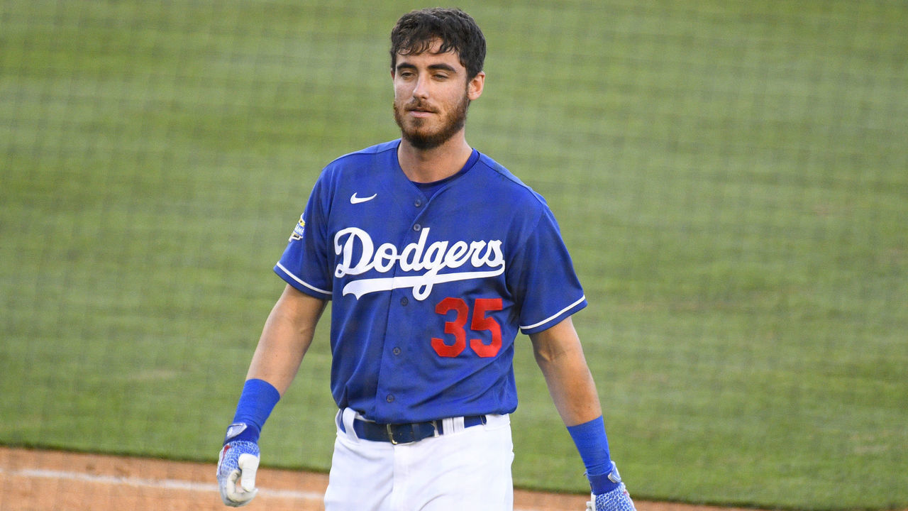 LOS ANGELES, CA - JULY 09: Los Angeles Dodgers center fielder Cody Bellinger (35) looks on during a summer workout in preparation for a shortened MLB season during the coronavirus (COVID-19) pandemic on Thursday, July 9, 2020 at Dodger Stadium in Los Angeles, California.