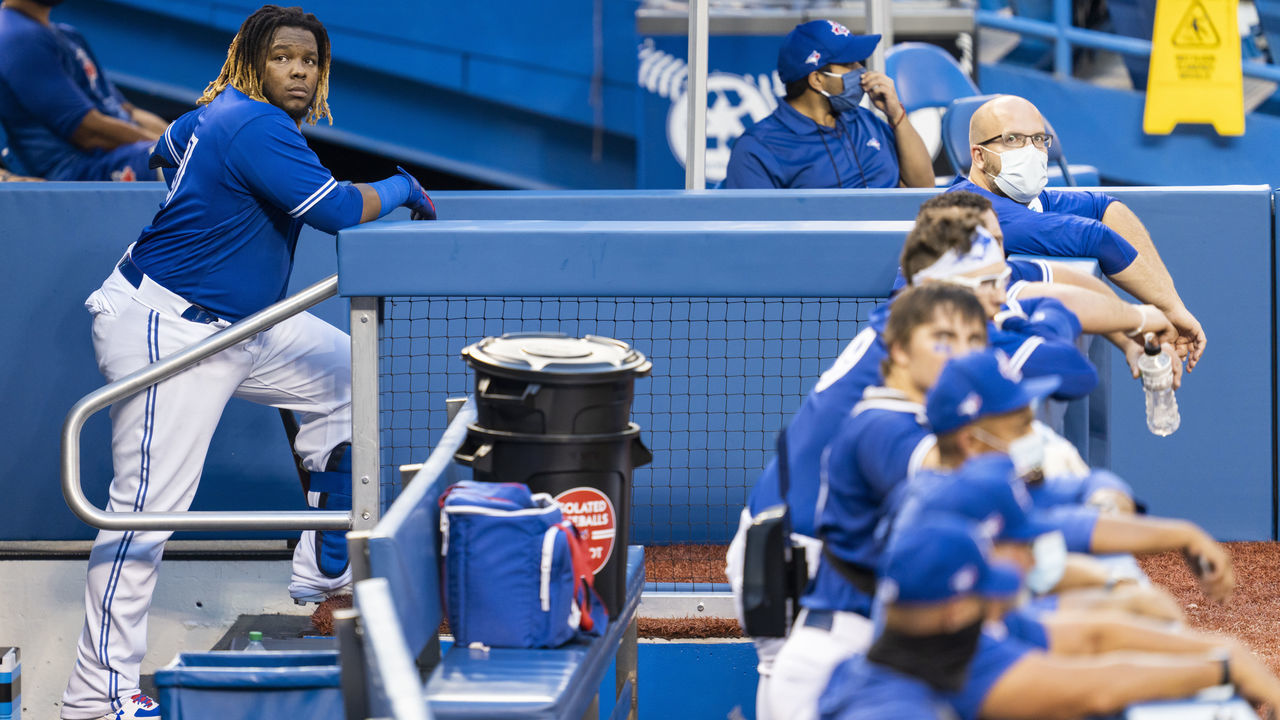 TORONTO, ON - JULY 09: Vladimir Guerrero Jr. #27 of the Toronto Blue Jays looks on in the dugout during an intrasquad game at Rogers Centre on July 9, 2020 in Toronto, Canada.