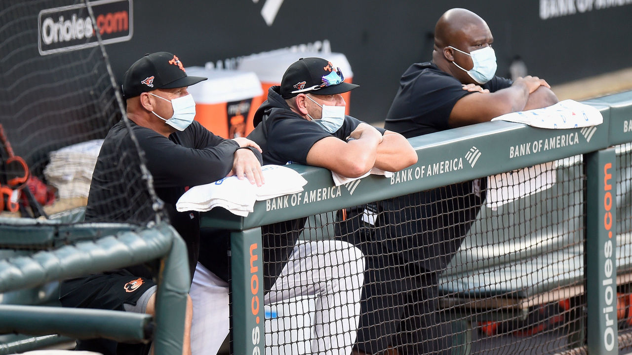 BALTIMORE, MD - JULY 09: Manager Brandon Hyde of the Baltimore Orioles watches the intrasquad game at Oriole Park at Camden Yards on July 9, 2020 in Baltimore, Maryland.