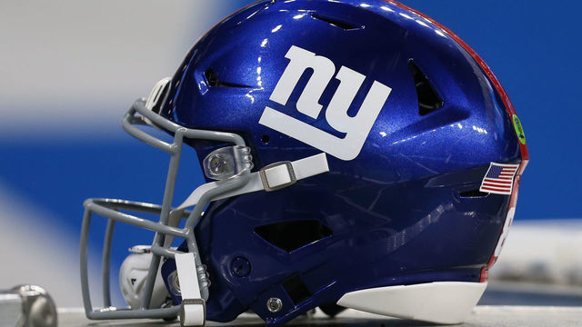 DETROIT, MI - OCTOBER 27: A New York Giants football helmet is seen on the sideline during a regular season game between the New York Giants and the Detroit Lions on October 27, 2019 at Ford Field in Detroit, Michigan.