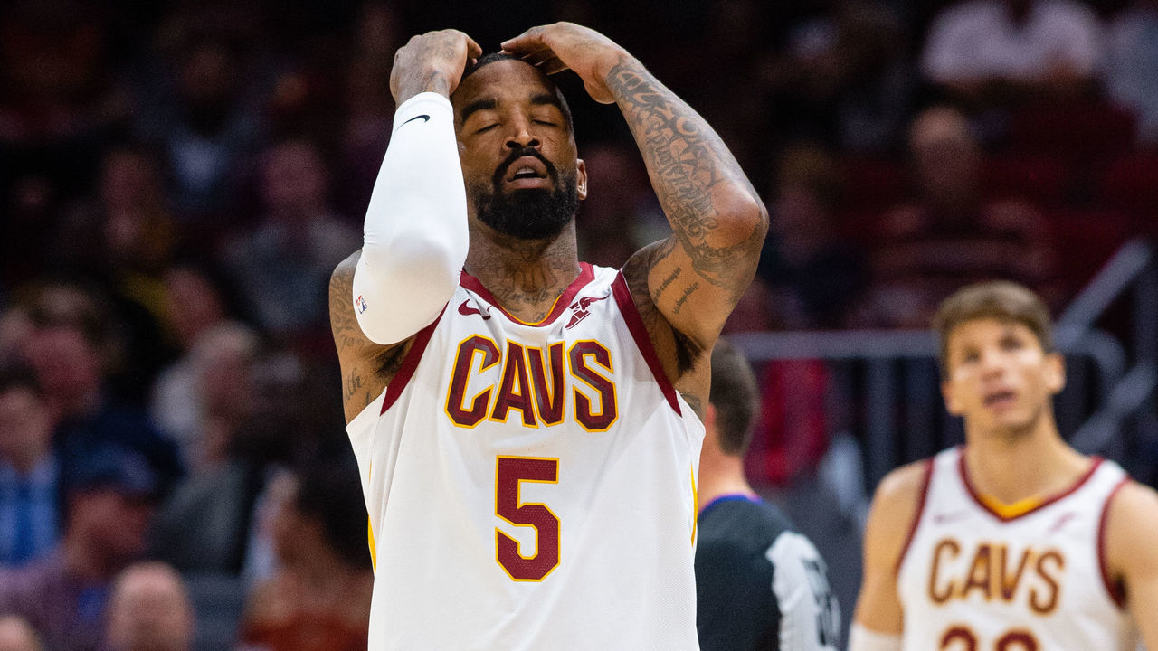 CLEVELAND, OH - NOVEMBER 7: JR Smith #5 of the Cleveland Cavaliers reacts after missing a shot during the first half against the Oklahoma City Thunder at Quicken Loans Arena on November 7, 2018 in Cleveland, Ohio. NOTE TO USER: User expressly acknowledges and agrees that, by downloading and/or using this photograph, user is consenting to the terms and conditions of the Getty Images License Agreement.